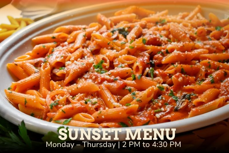 Carmine's Sunset Menu | Monday through Thursday | 2 PM to 4:30 PM. Enjoy dishes like Penne Alla Vodka and more!